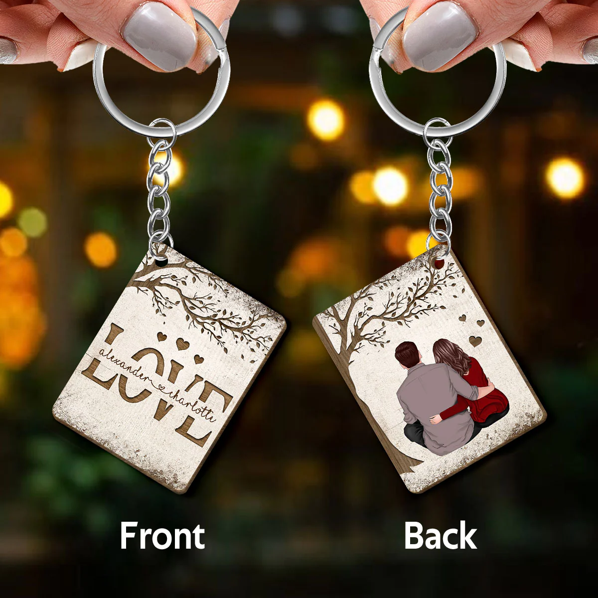 Love Cut Through Couple Under Tree Personalized Wooden Keychain - Image 3