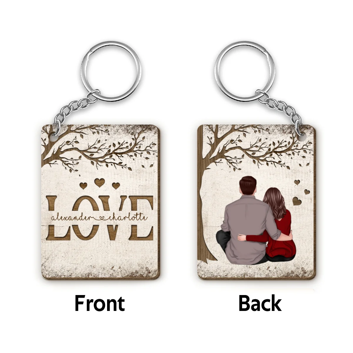 Love Cut Through Couple Under Tree Personalized Wooden Keychain - Image 4