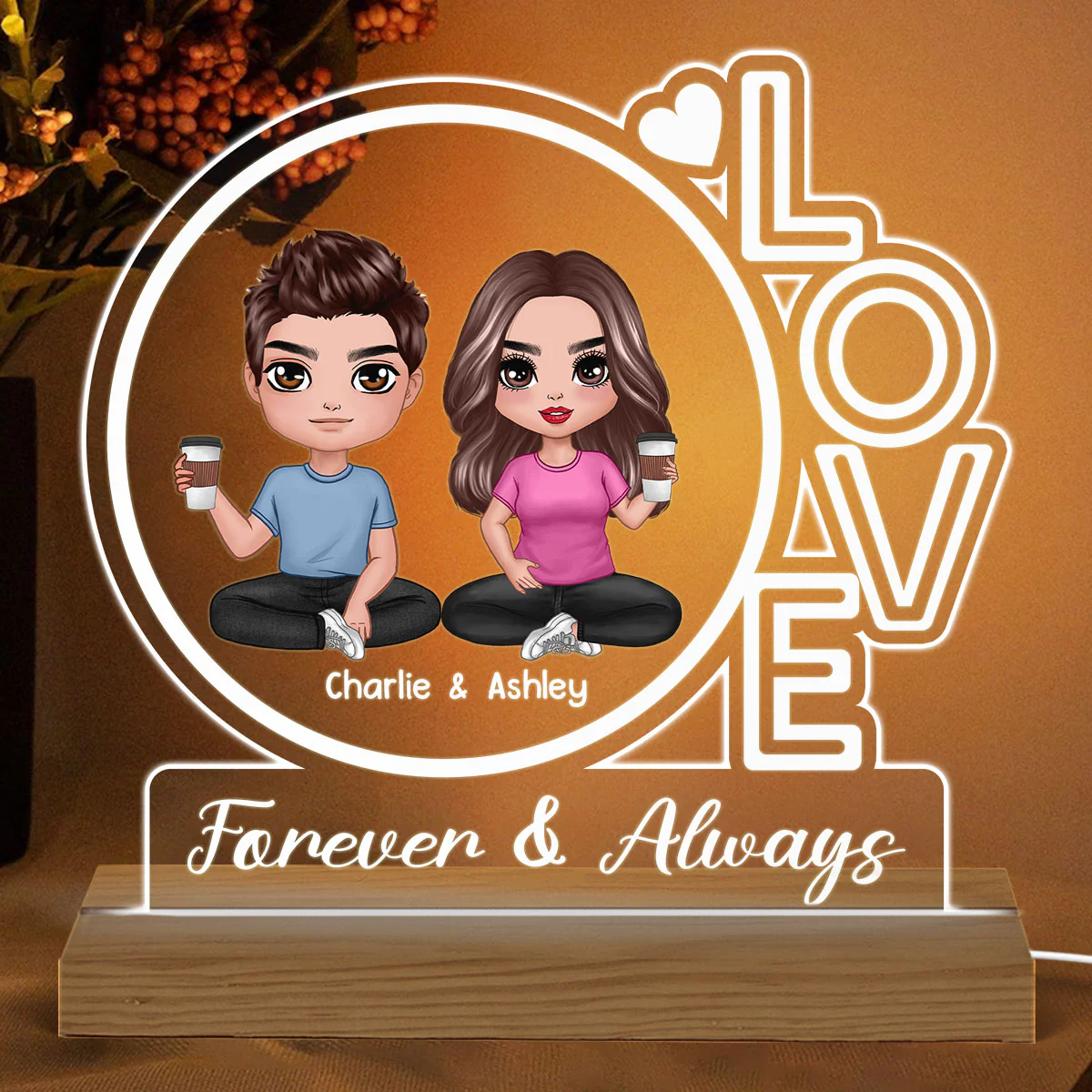 LOVE Doll Couple Sitting Personalized Custom Shaped Acrylic Plaque With Warm LED Night Light - Image 2