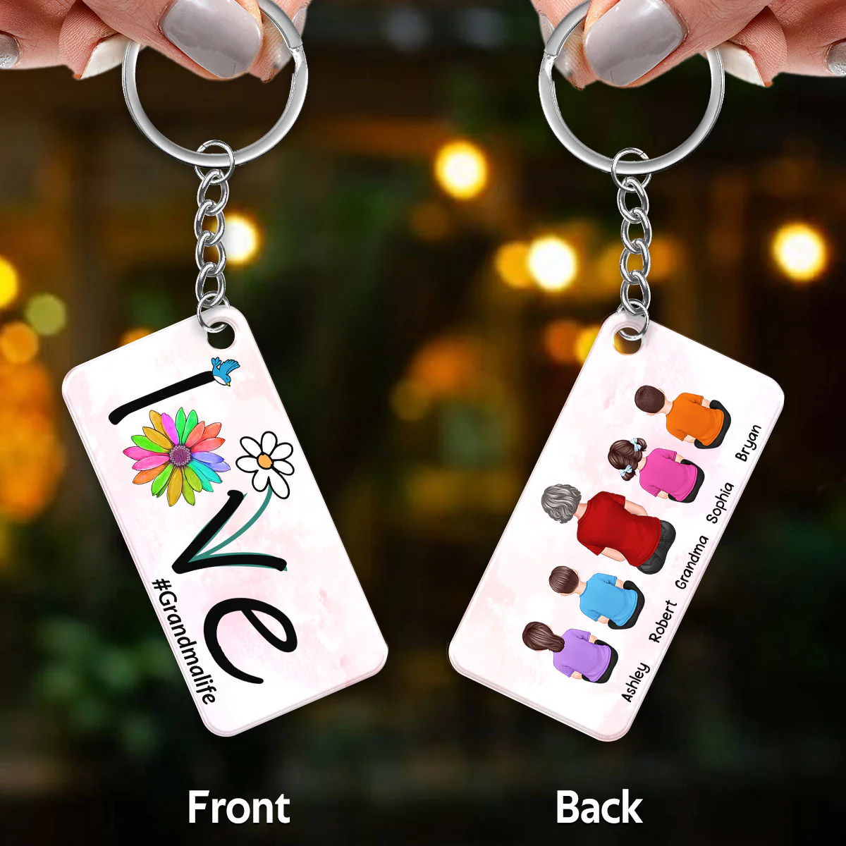 LOVE Flower Grandma Mom Life Back View Woman And Kids Dogs Cats Sitting Personalized Acrylic Keychain - Image 3