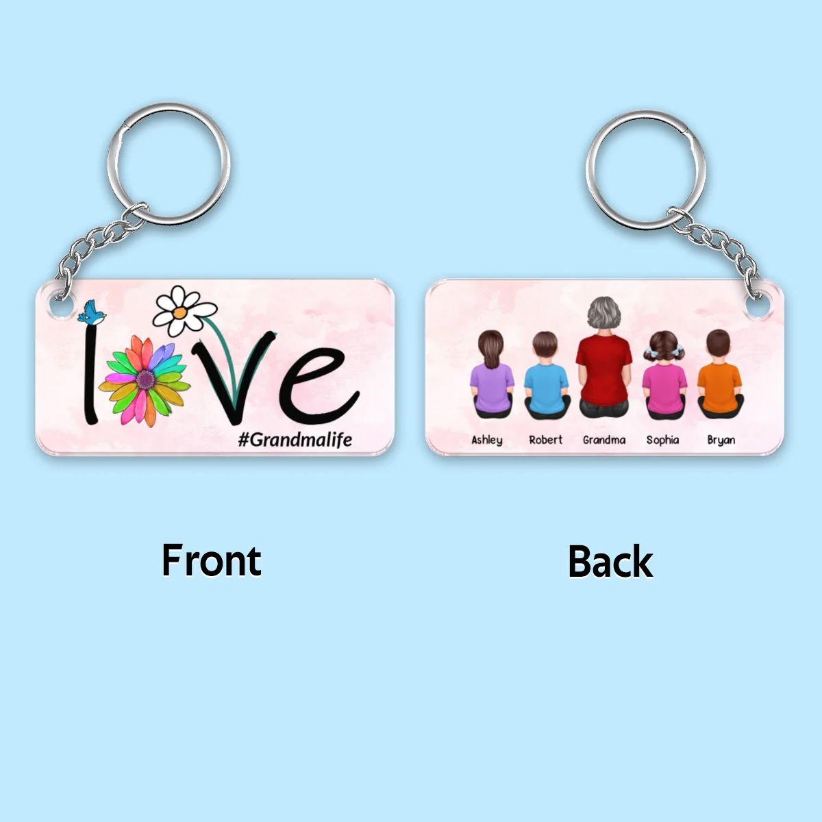 LOVE Flower Grandma Mom Life Back View Woman And Kids Dogs Cats Sitting Personalized Acrylic Keychain - Image 4