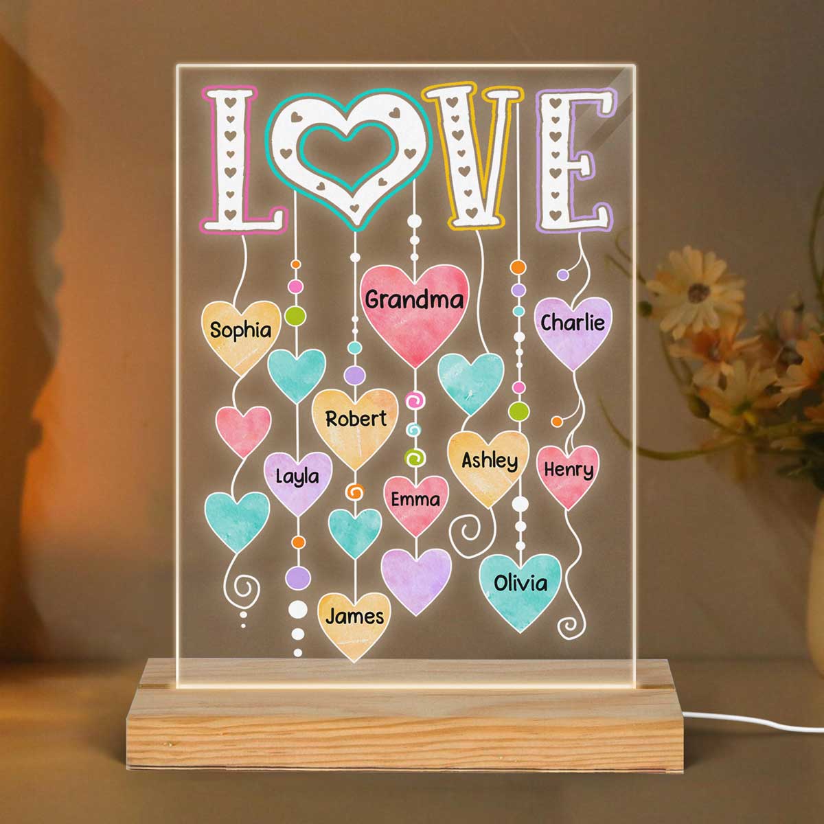 LOVE Grandma Grandkids Name Hearts Personalized Rectangle Acrylic Plaque With LED Night Light - Image 3
