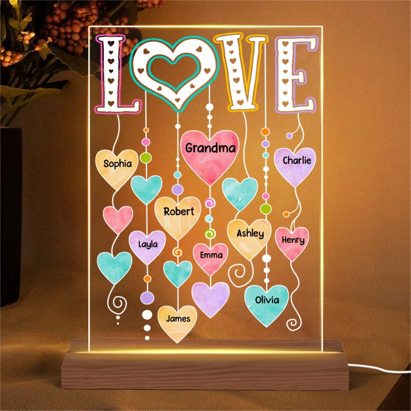 LOVE Grandma Grandkids Name Hearts Personalized Rectangle Acrylic Plaque With LED Night Light - Image 4