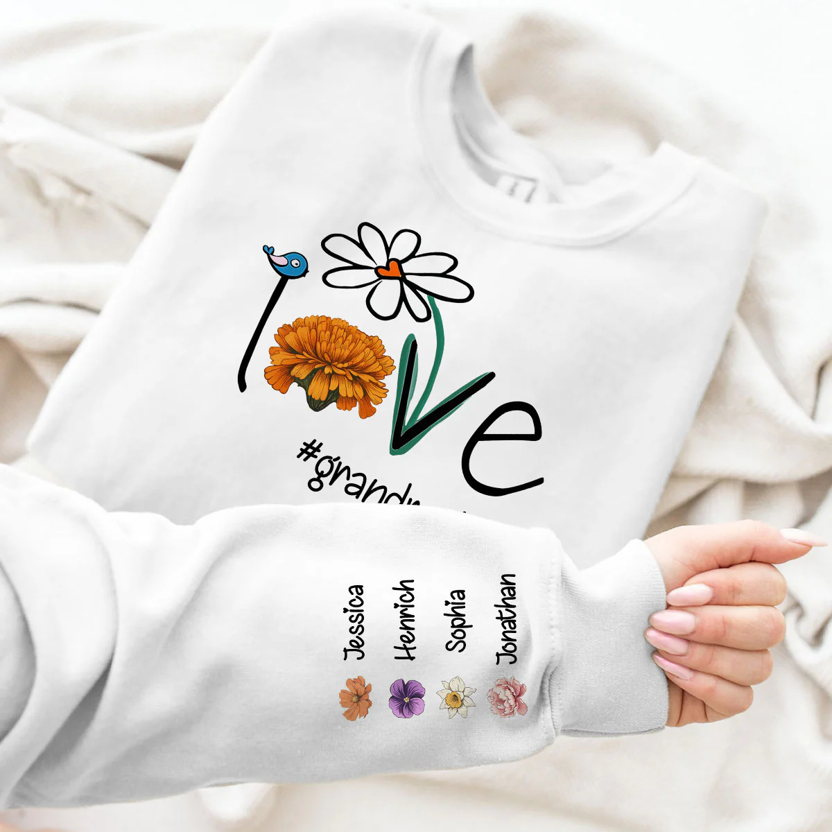 Love Grandma Life Mom Life Birth Month Flowers Personalized Sleeve Printed Sweatshirt, Mother's day gift for Moms, for Grandmas - Image 5