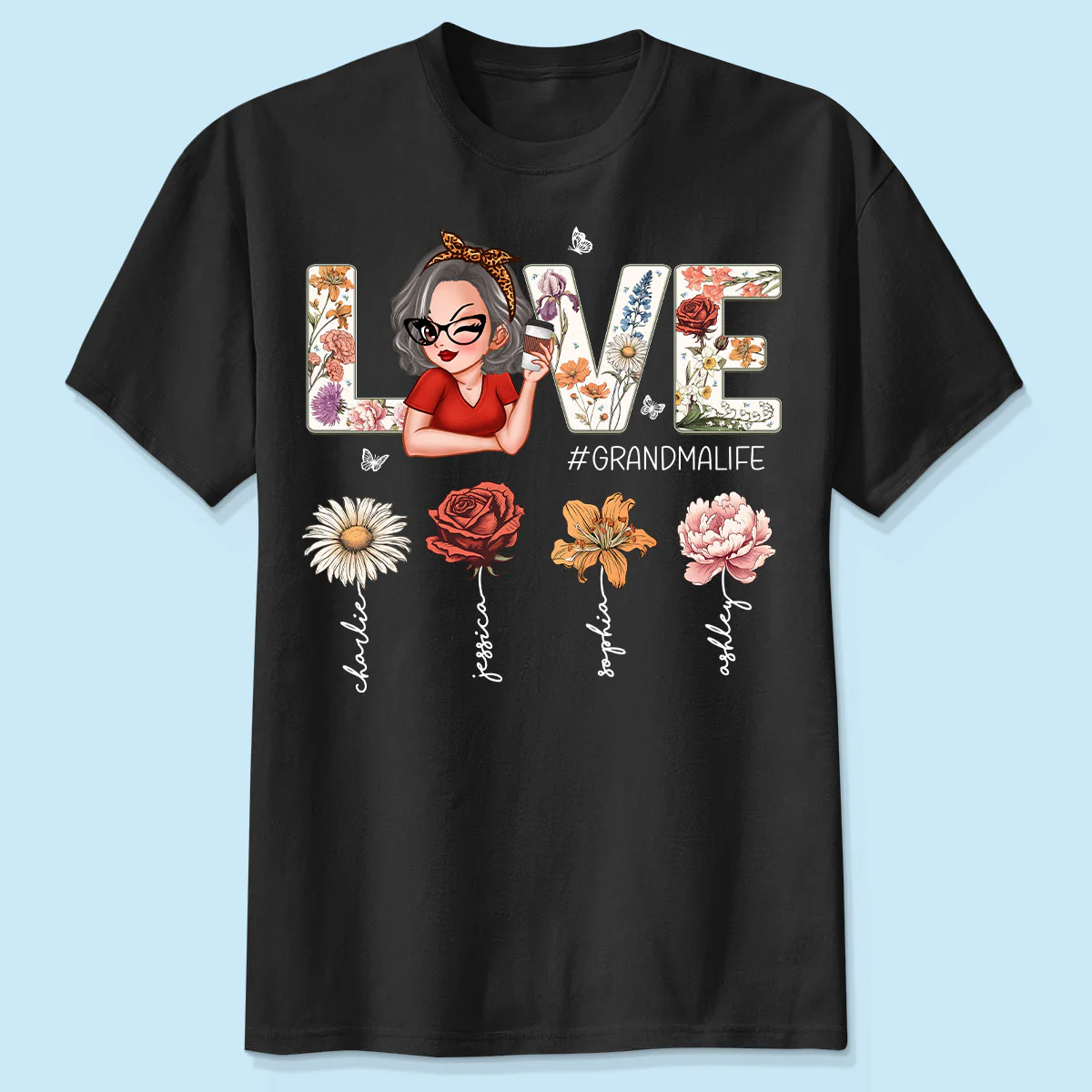 Love Grandma Life Vintage Birth Flowers With Kids Names Personalized Shirt