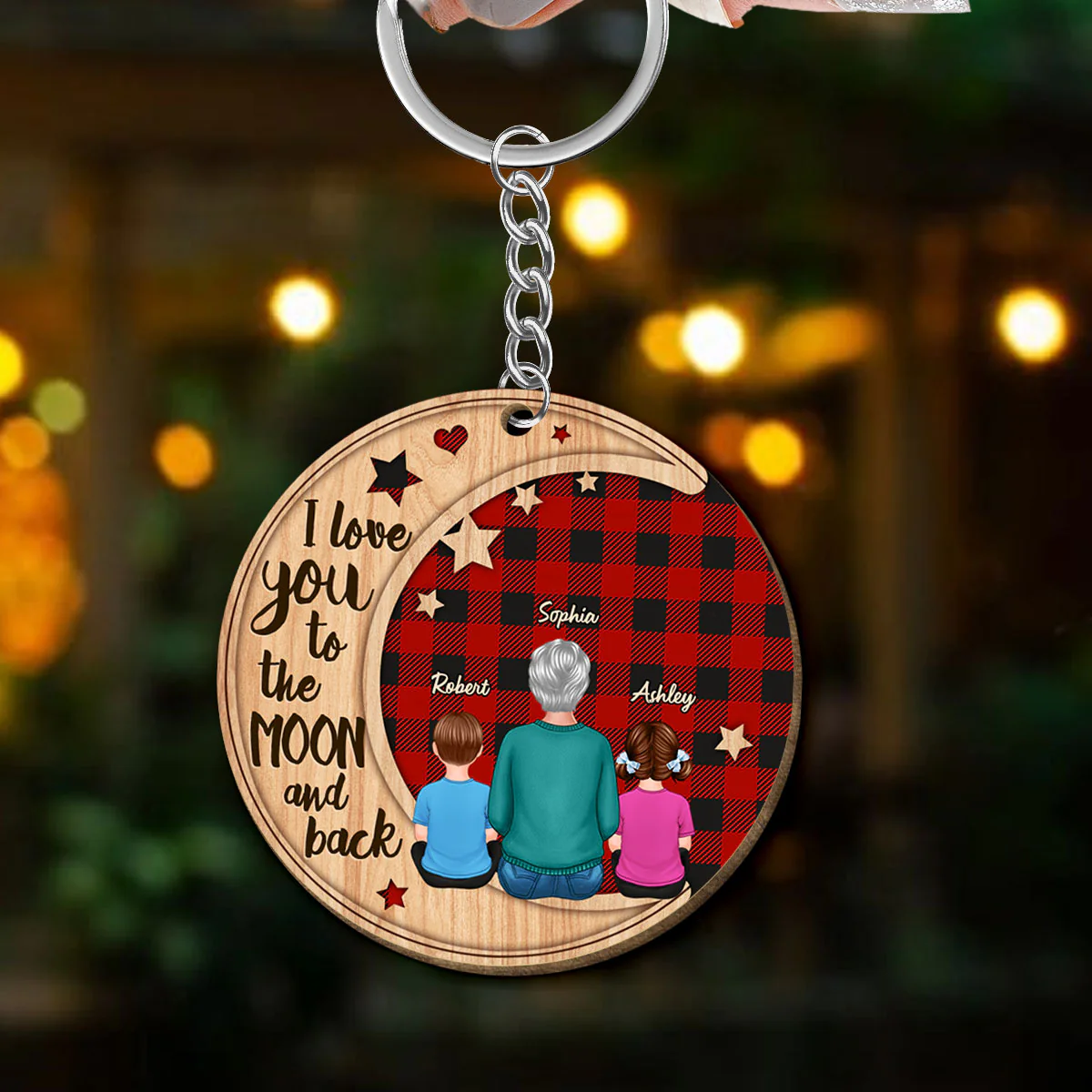 Love Grandma To The Moon Grandkids Checkered Personalized Wooden Keychain - Image 3