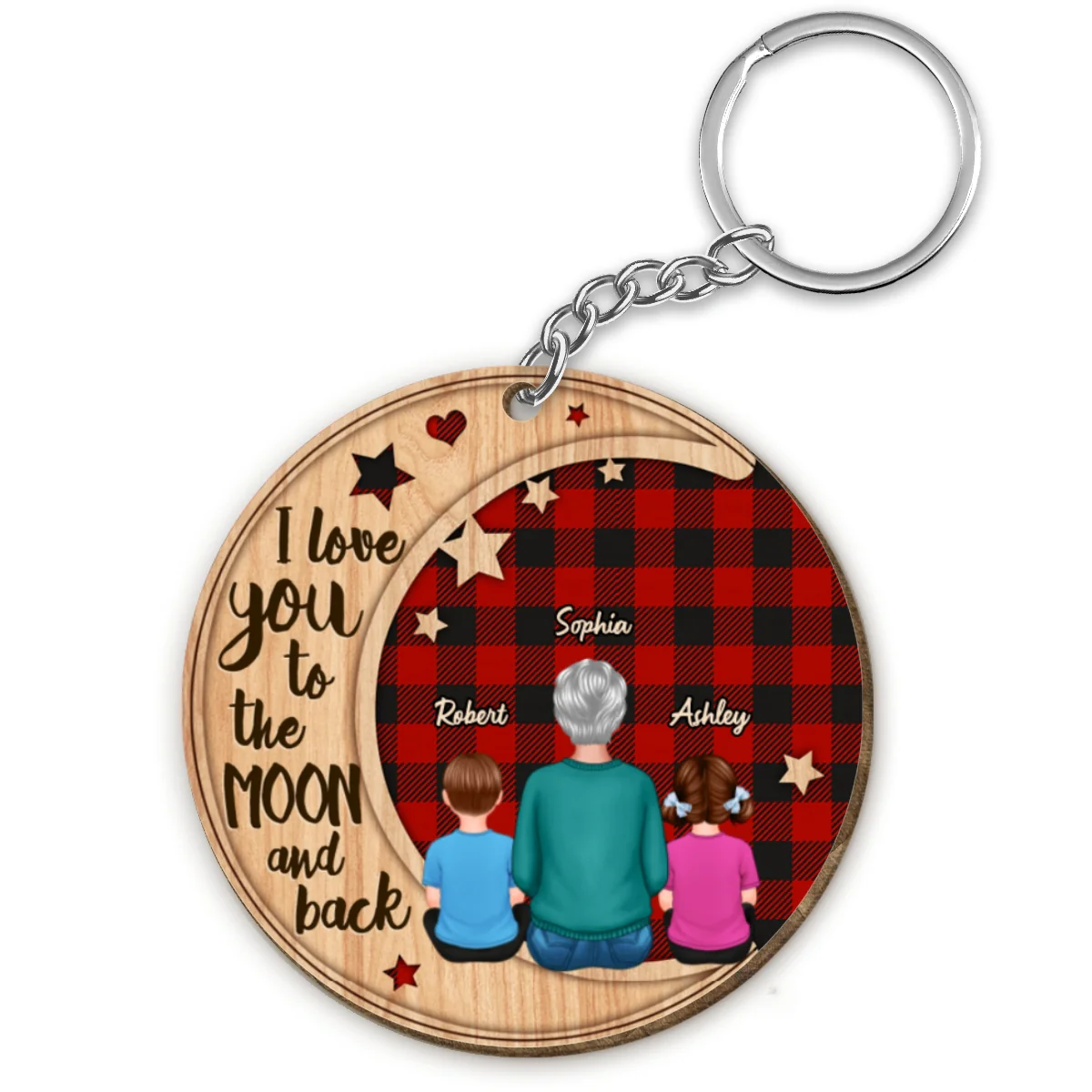 Love Grandma To The Moon Grandkids Checkered Personalized Wooden Keychain - Image 4