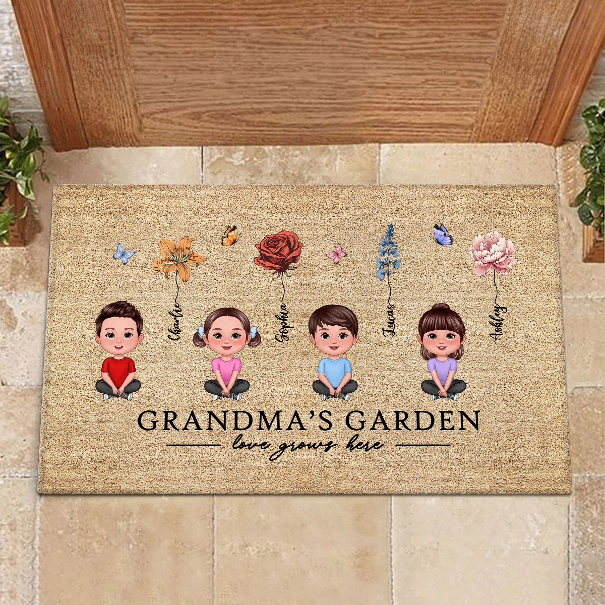 Love Grows Here Grandma Garden Birth Month Flowers Grandkids Crossed Legs Personalized Doormat
