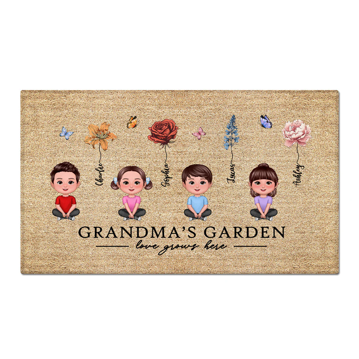Love Grows Here Grandma Garden Birth Month Flowers Grandkids Crossed Legs Personalized Doormat - Image 2
