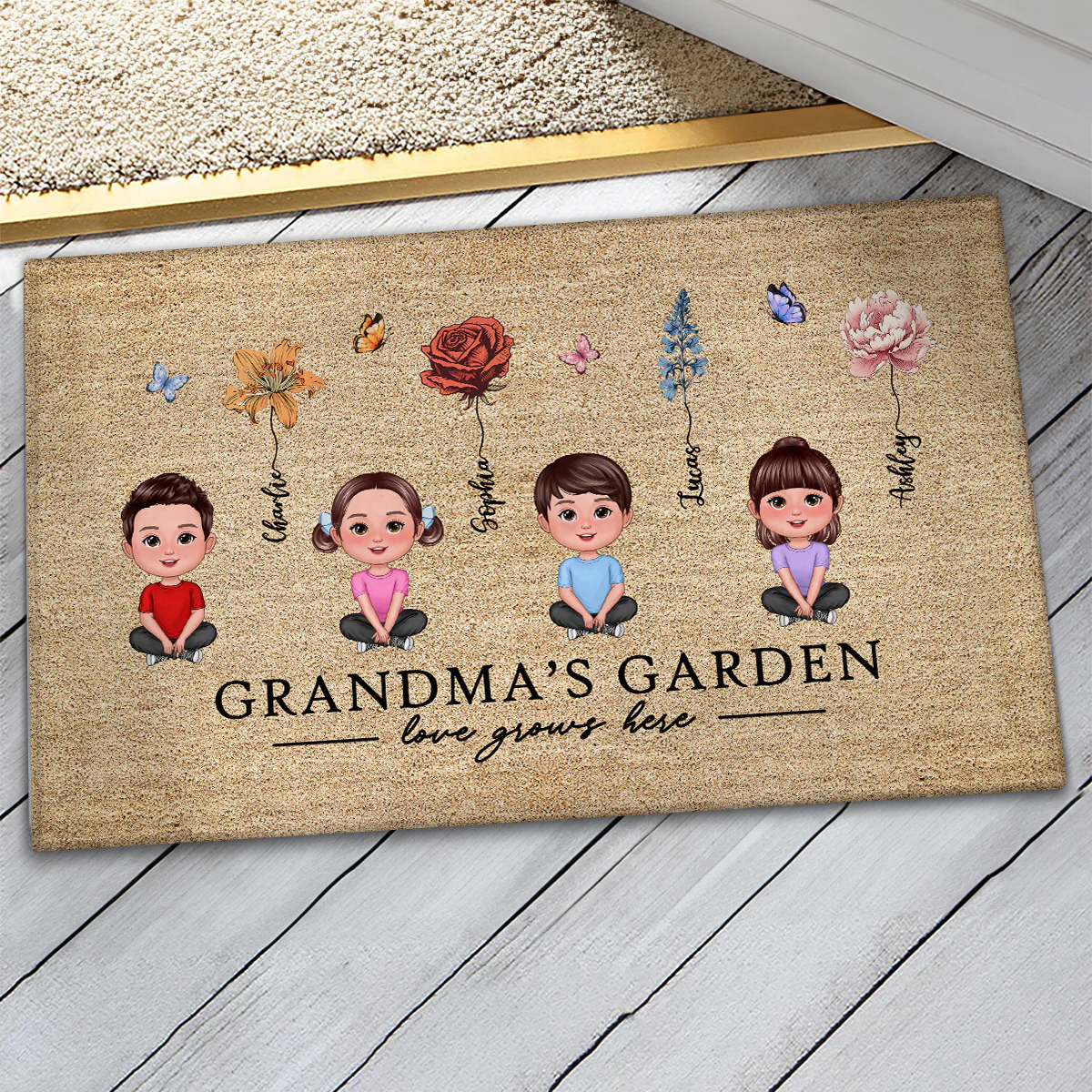 Love Grows Here Grandma Garden Birth Month Flowers Grandkids Crossed Legs Personalized Doormat - Image 3