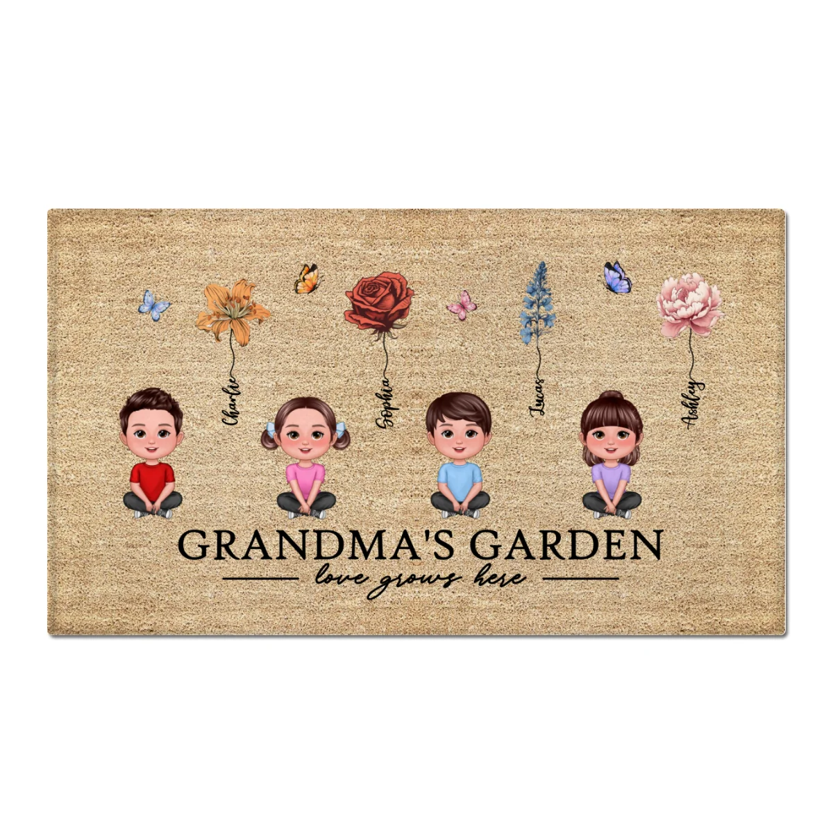 Love Grows Here Grandma Garden Birth Month Flowers Grandkids Crossed Legs Personalized Doormat - Image 6