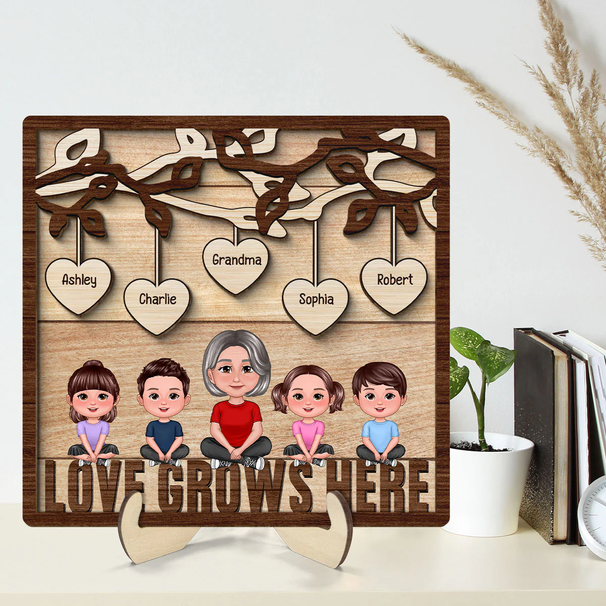 Love Grows Here Grandma Grandkids Personalized 2-Layer Wooden Plaque - Image 2