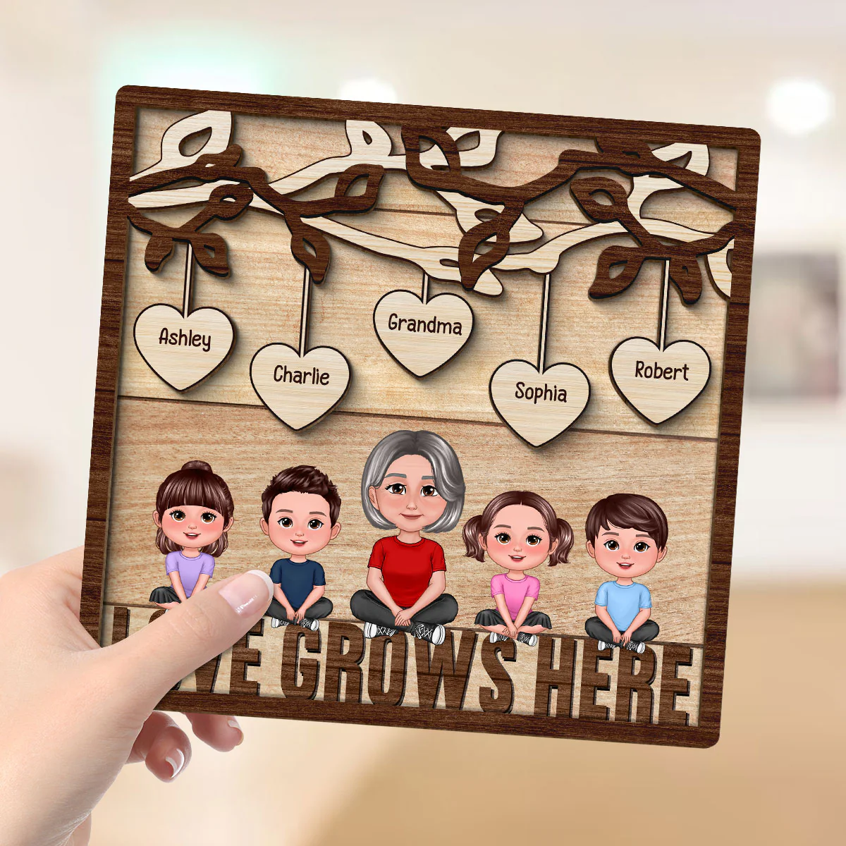 Love Grows Here Grandma Grandkids Personalized 2-Layer Wooden Plaque - Image 4