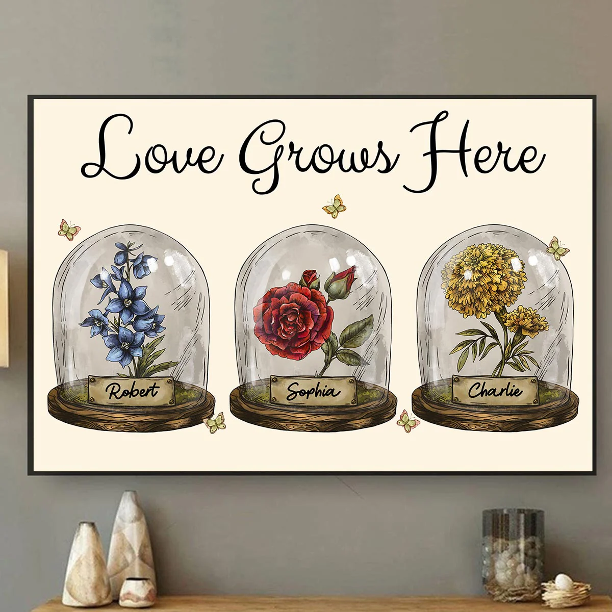 Love Grows Here Vintage Birth Month Flower In Glass Dome Personalized Poster - Image 2