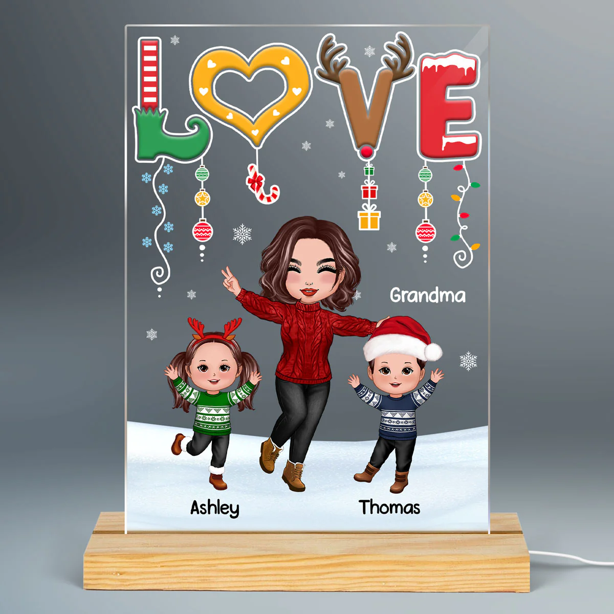LOVE Happy Christmas Doll Grandma Mom With Kids Personalized Rectangle Acrylic Plaque LED Night Light - Image 2