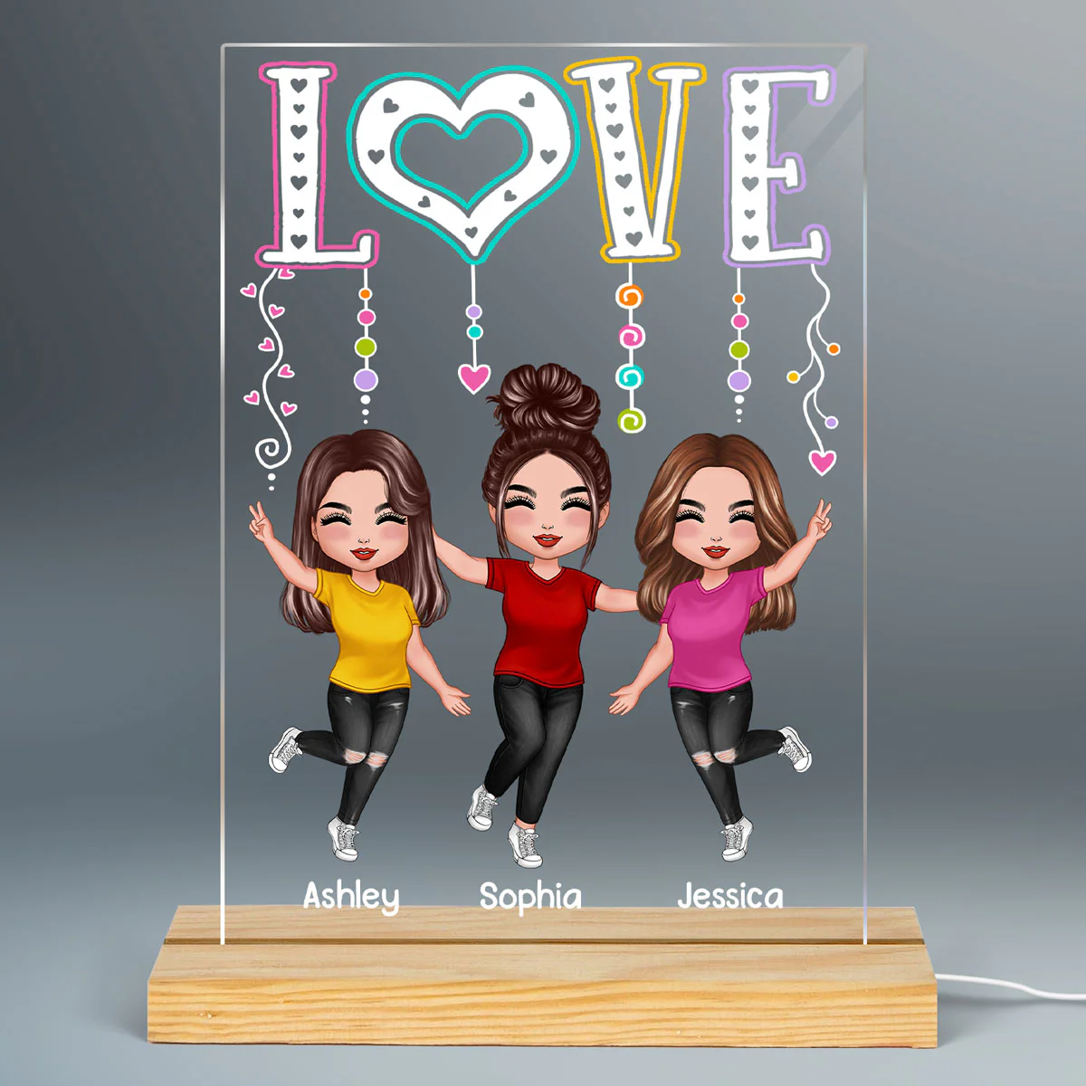 LOVE Happy Doll Besties Sisters Personalized Rectangle Acrylic Plaque LED Night Light - Image 2