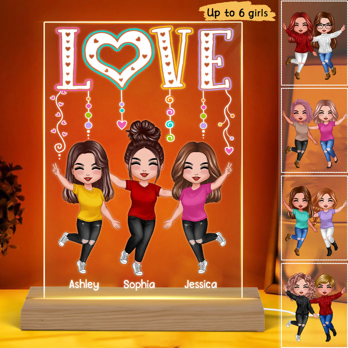 LOVE Happy Doll Besties Sisters Personalized Rectangle Acrylic Plaque LED Night Light - Image 3