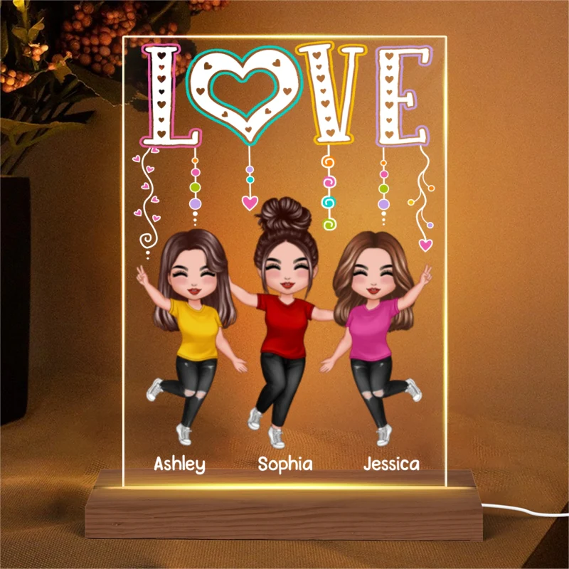 LOVE Happy Doll Besties Sisters Personalized Rectangle Acrylic Plaque LED Night Light - Image 4