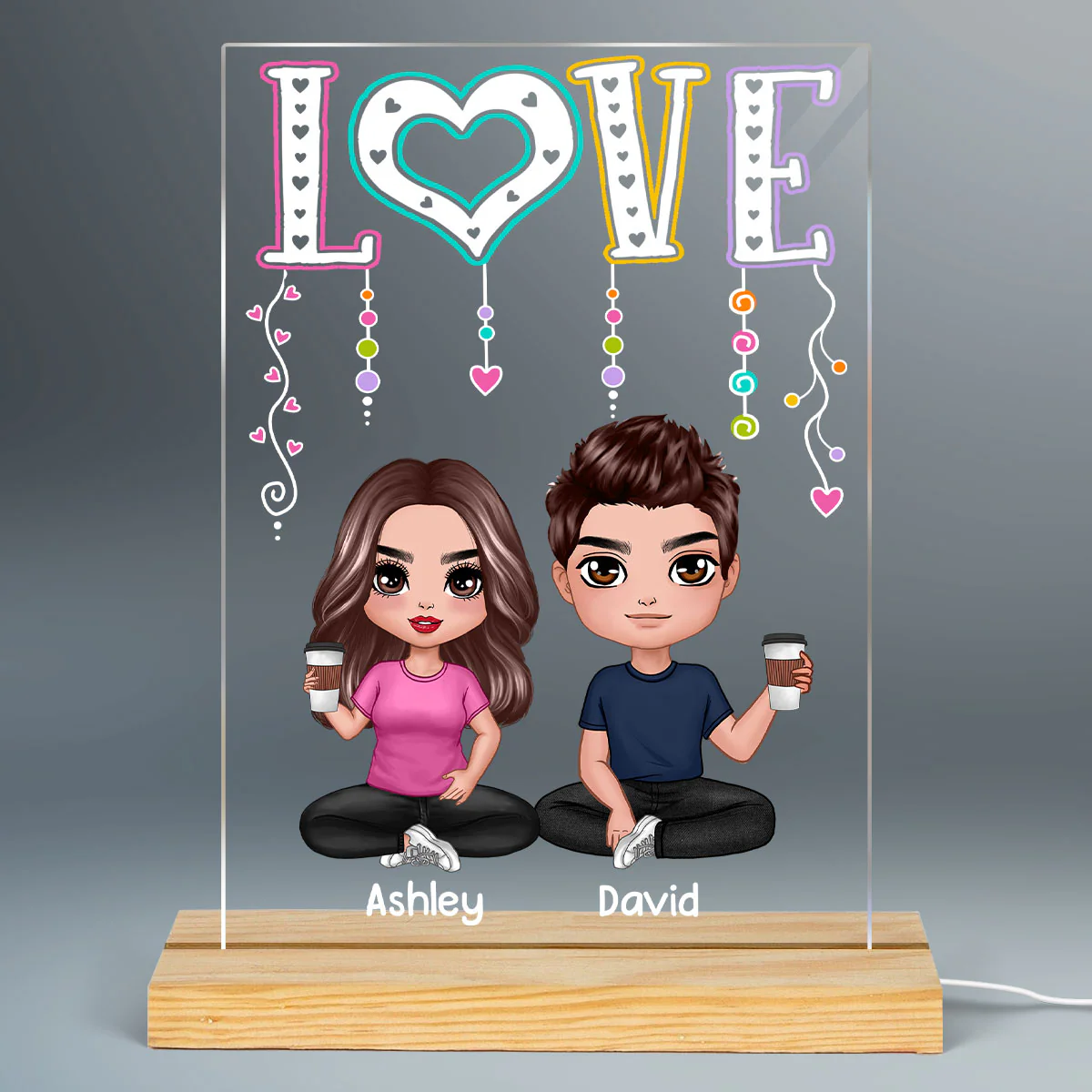 LOVE Happy Doll Couple Sitting Personalized Rectangle Acrylic Plaque LED Night Light - Image 2