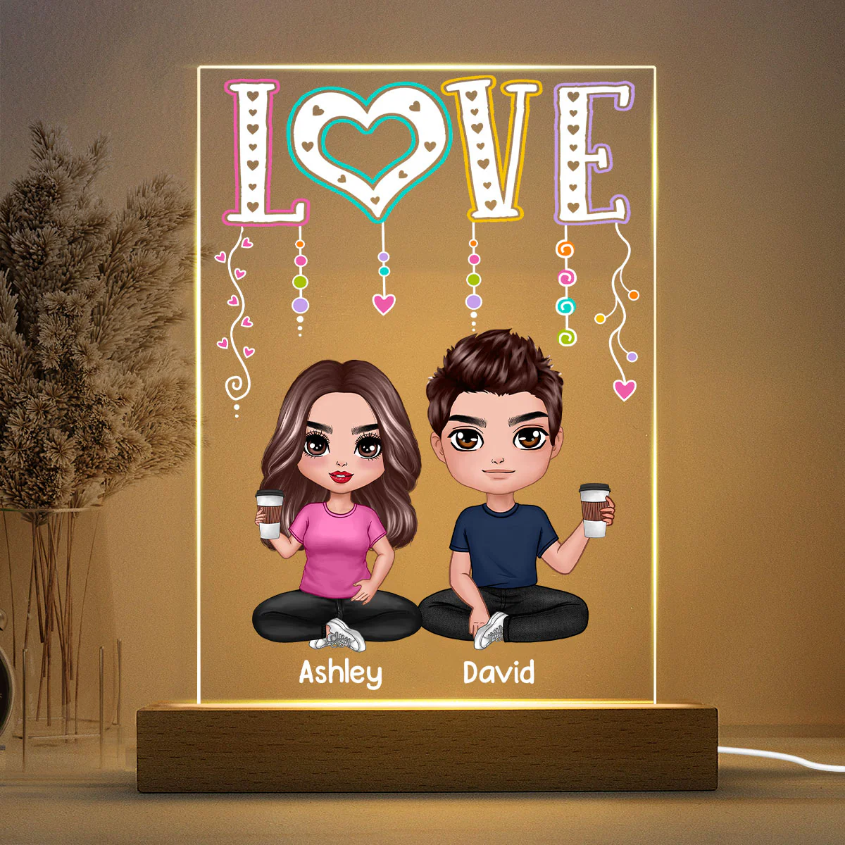 LOVE Happy Doll Couple Sitting Personalized Rectangle Acrylic Plaque LED Night Light - Image 3