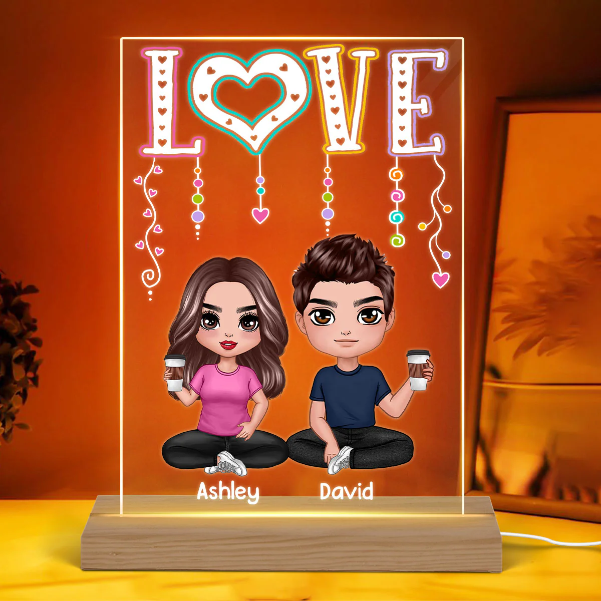 LOVE Happy Doll Couple Sitting Personalized Rectangle Acrylic Plaque LED Night Light - Image 4