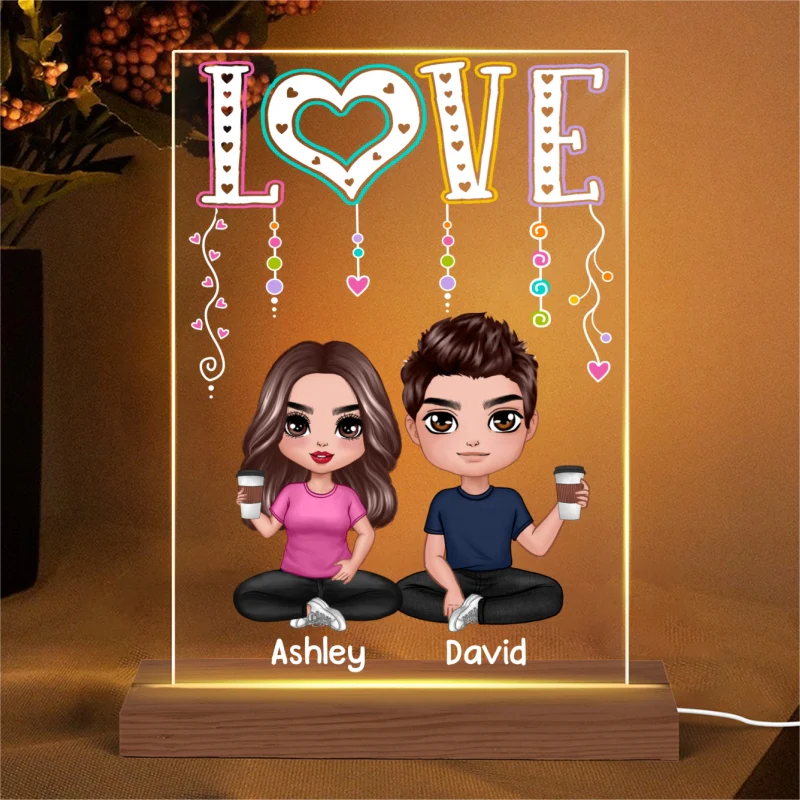 LOVE Happy Doll Couple Sitting Personalized Rectangle Acrylic Plaque LED Night Light - Image 5