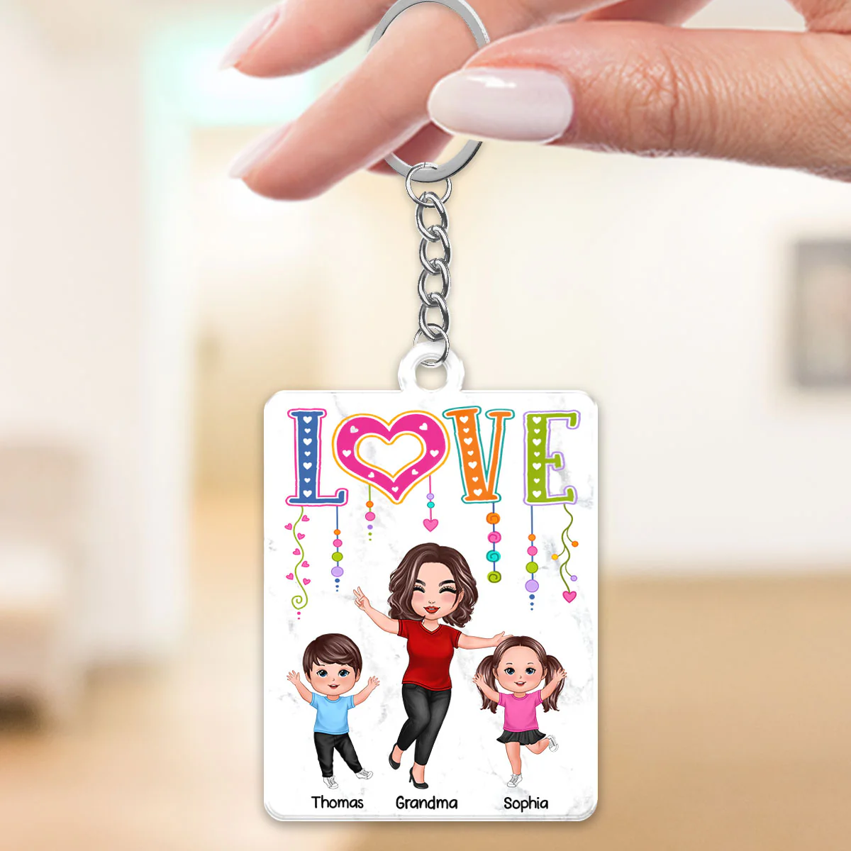 LOVE Happy Doll Grandma Mom With Kids Personalized Acrylic Keychain