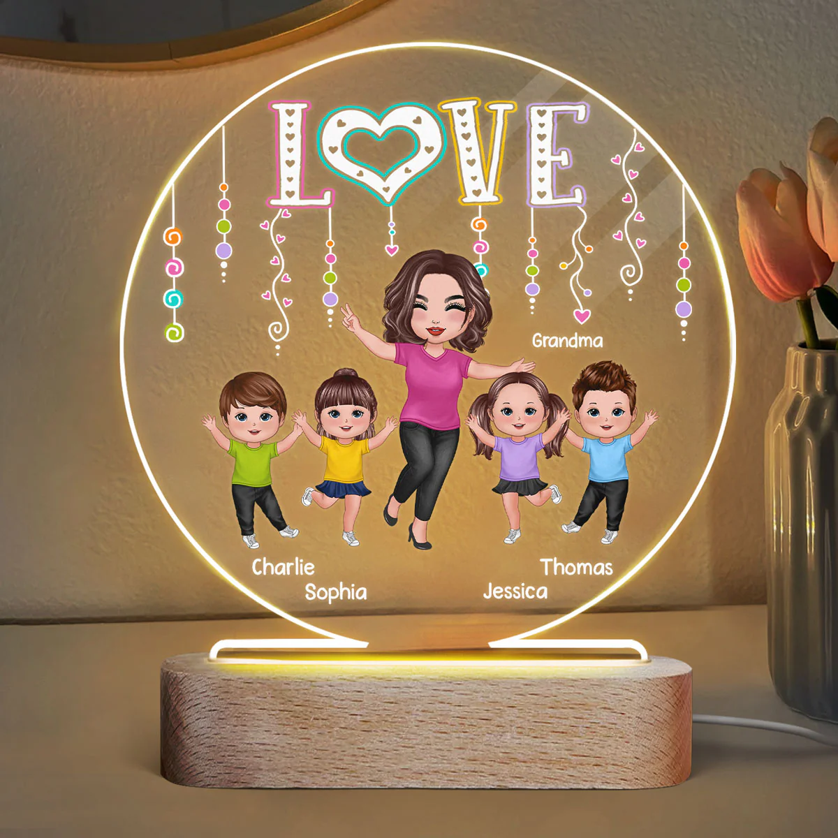 LOVE Happy Doll Grandma Mom With Kids Personalized Circle Acrylic Plaque LED Night Light - Image 3