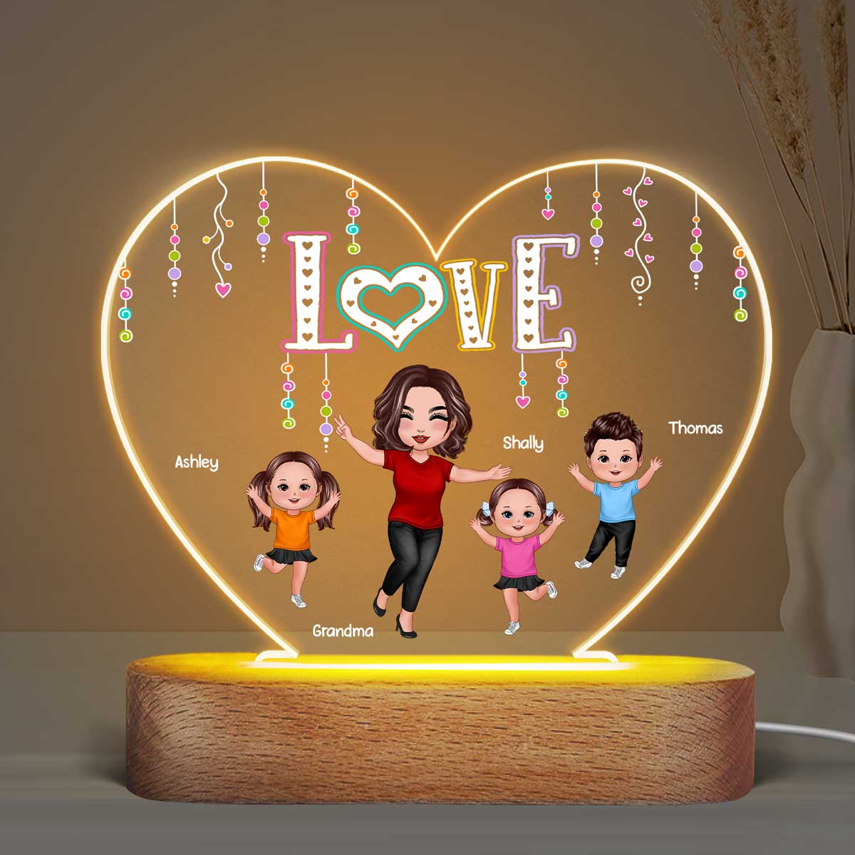 LOVE Happy Doll Grandma Mom With Kids Personalized Heart Acrylic Plaque LED Night Light - Image 3