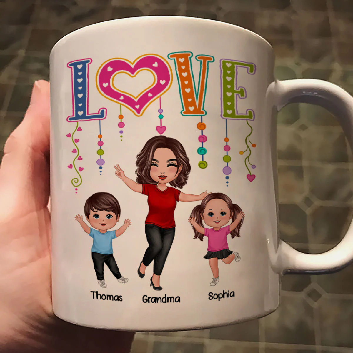 LOVE Happy Doll Grandma Mom With Kids Personalized Mug - Image 2