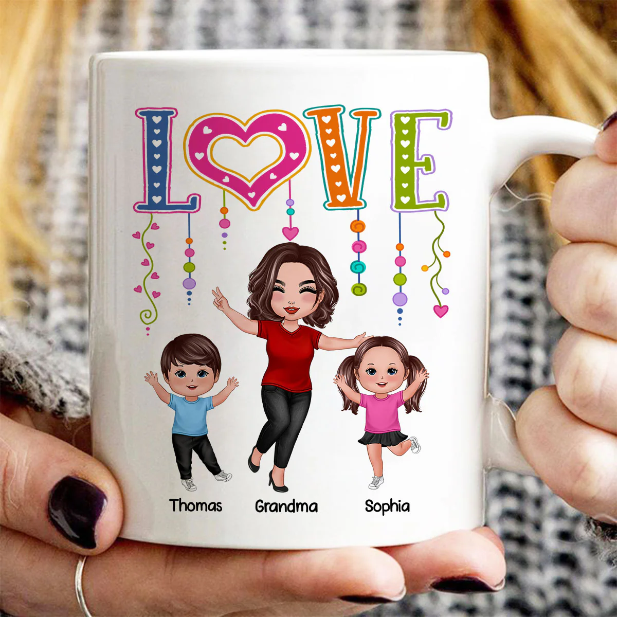 LOVE Happy Doll Grandma Mom With Kids Personalized Mug - Image 3