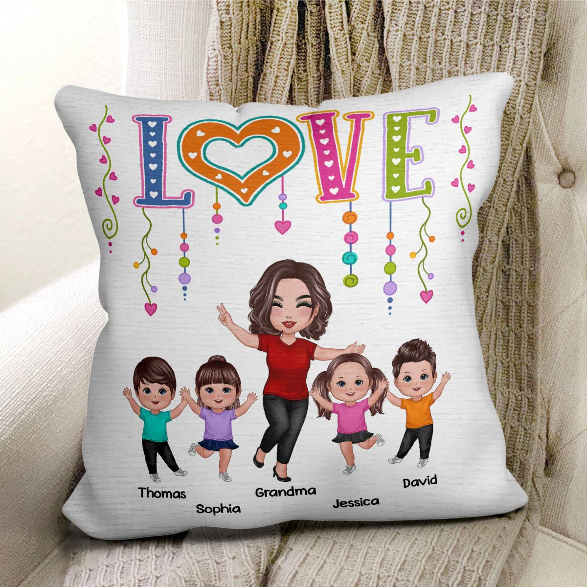 LOVE Happy Doll Grandma Mom With Kids Personalized Pillow - Image 2