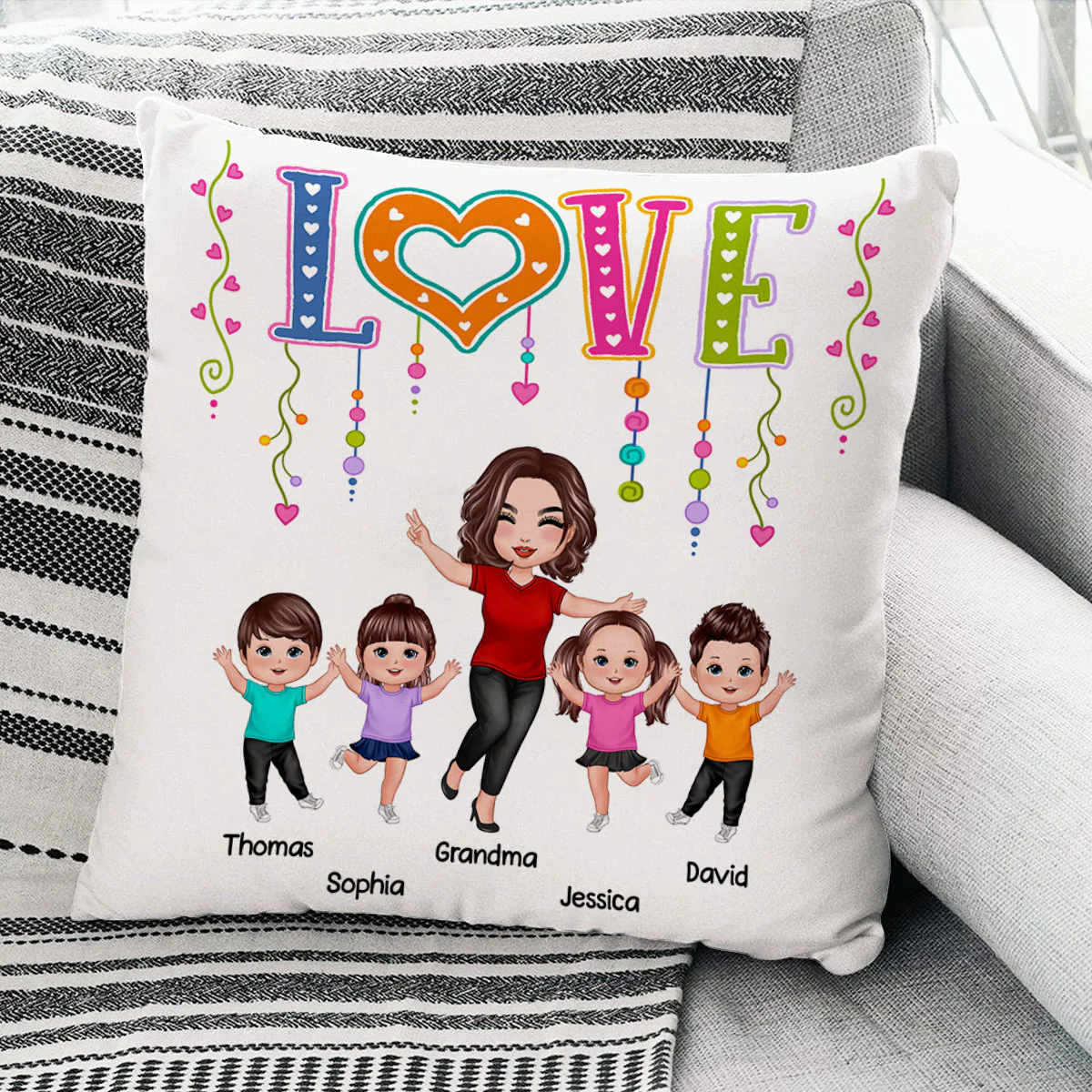 LOVE Happy Doll Grandma Mom With Kids Personalized Pillow - Image 3