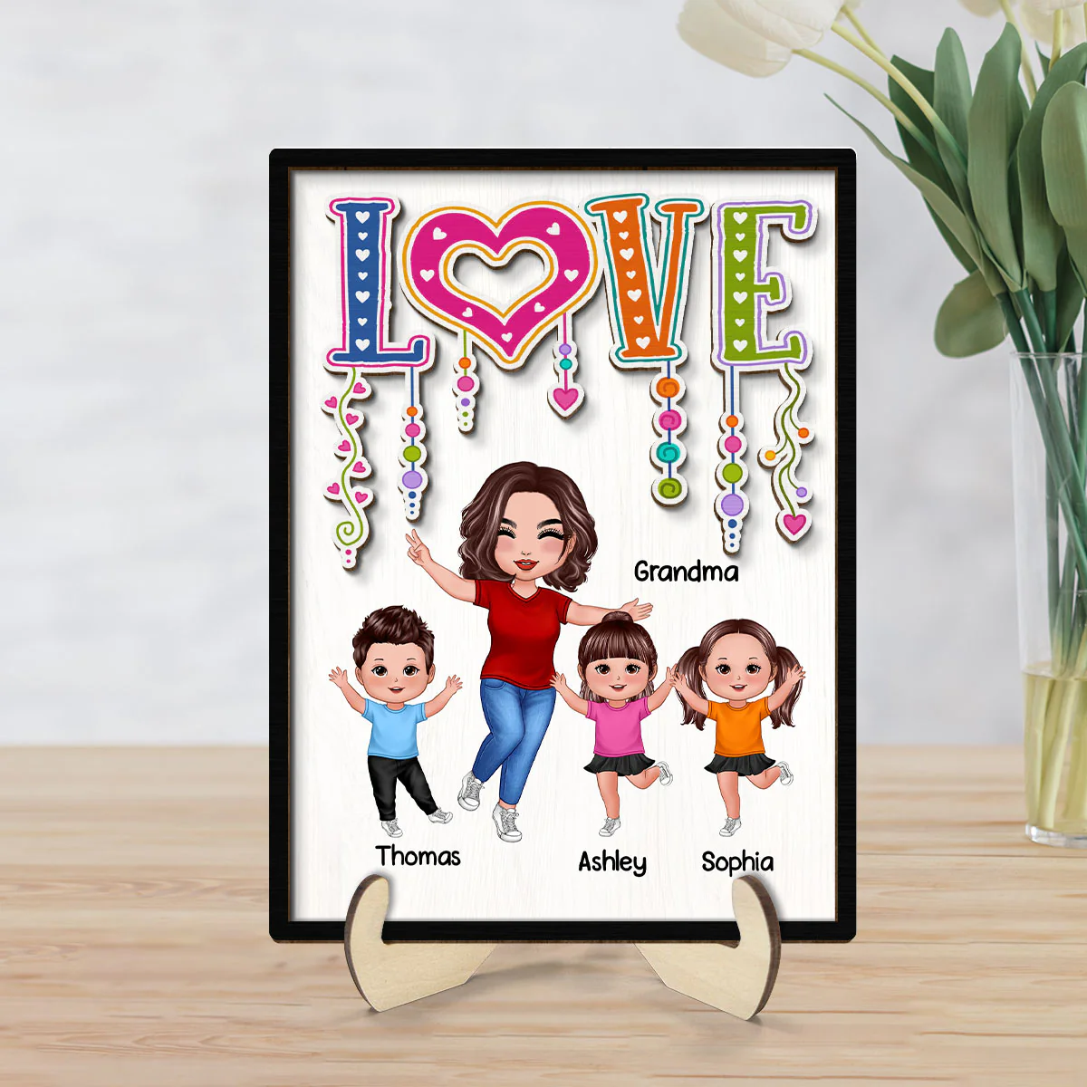 LOVE Happy Doll Grandma Mom With Kids Personalized 2-Layer Wooden Plaque - Image 2