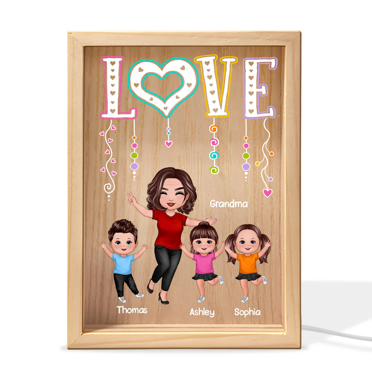 LOVE Happy Doll Grandma Mom With Kids Personalized Wooden Frame Light Box - Image 2