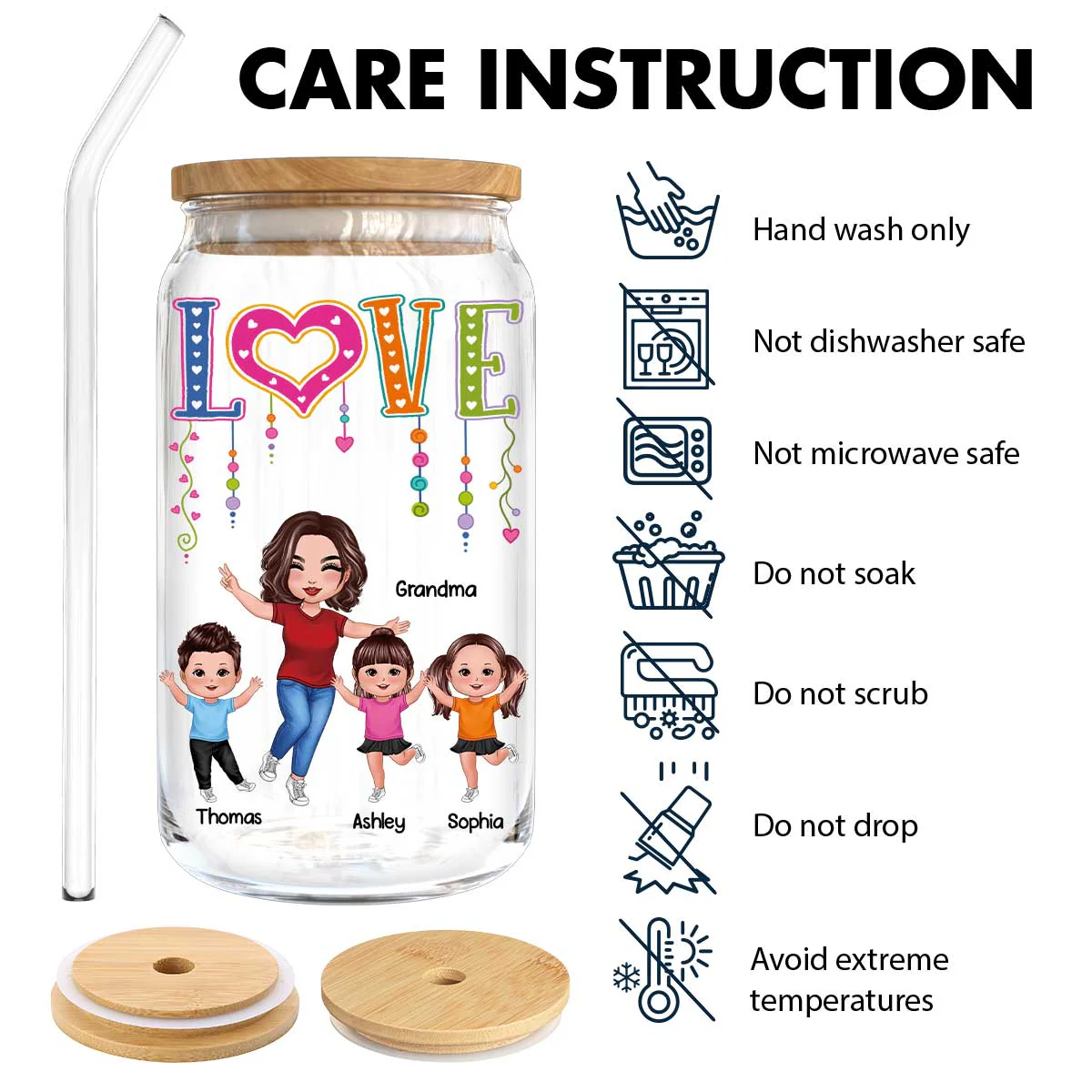 LOVE Happy Doll Grandma With Kids Personalized Clear Glass Can - Image 10