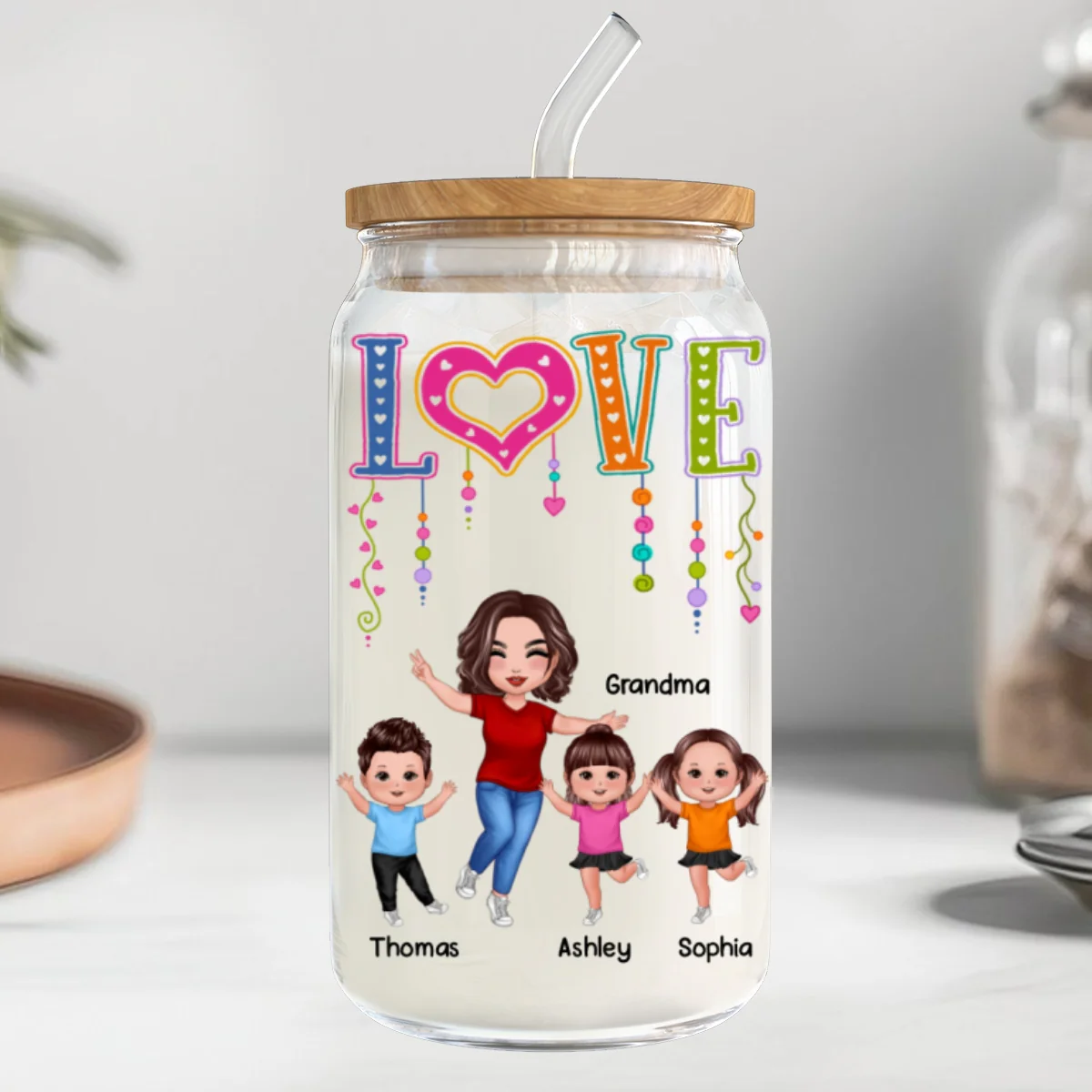 LOVE Happy Doll Grandma With Kids Personalized Clear Glass Can - Image 11
