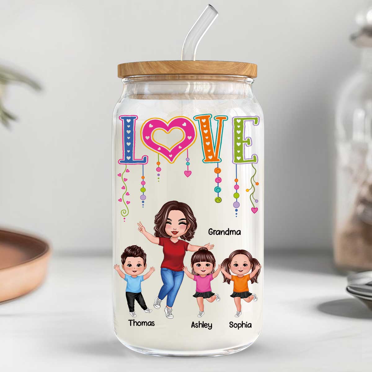 LOVE Happy Doll Grandma With Kids Personalized Clear Glass Can - Image 2