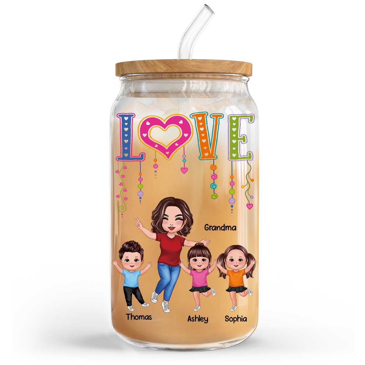 LOVE Happy Doll Grandma With Kids Personalized Clear Glass Can - Image 3