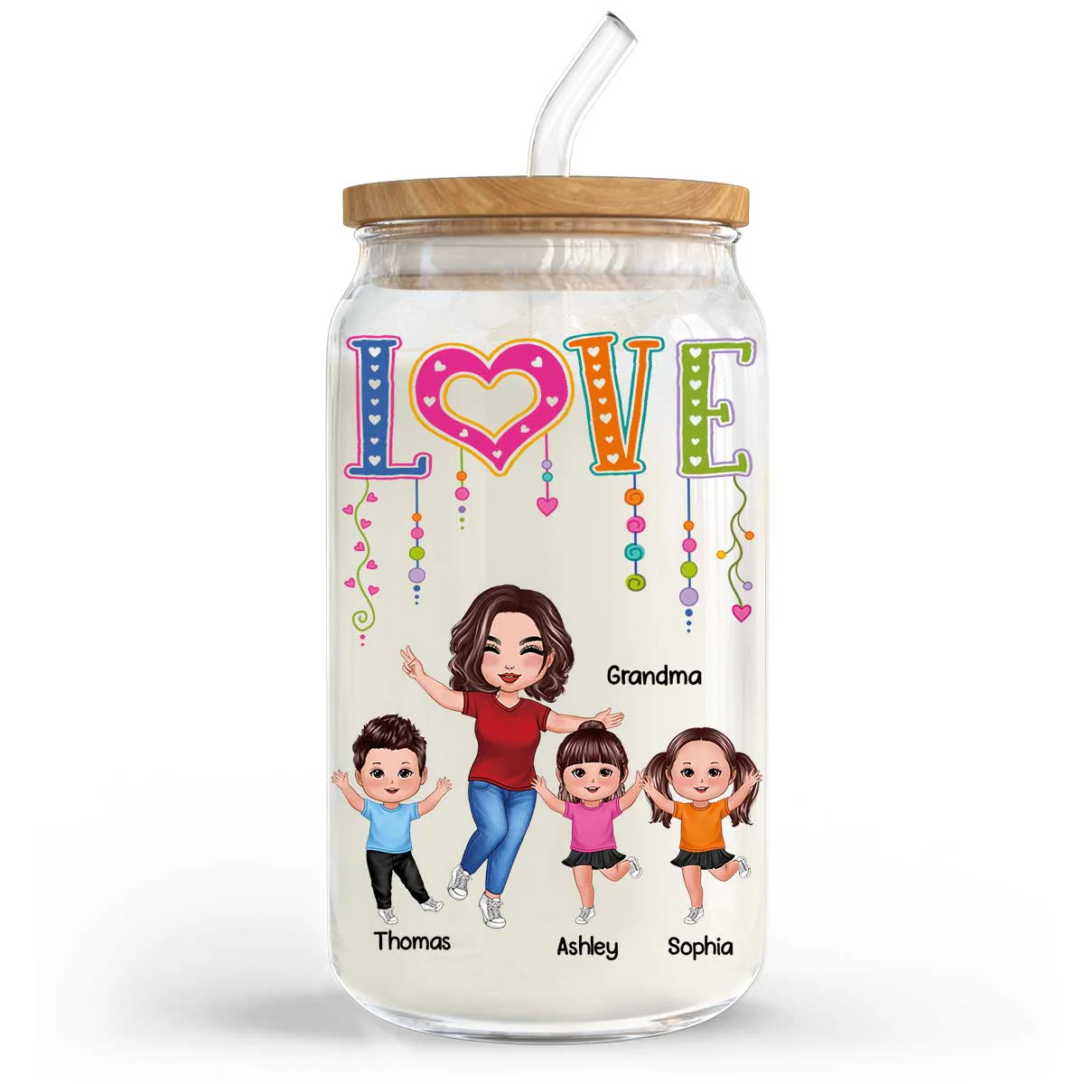 LOVE Happy Doll Grandma With Kids Personalized Clear Glass Can - Image 4