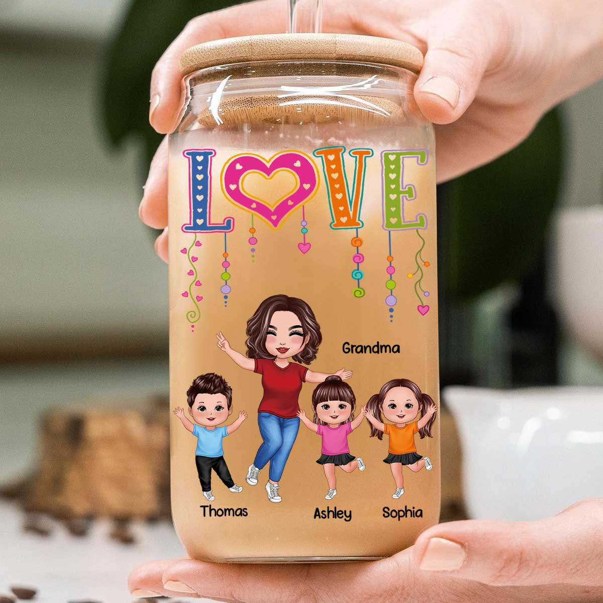 LOVE Happy Doll Grandma With Kids Personalized Clear Glass Can - Image 5