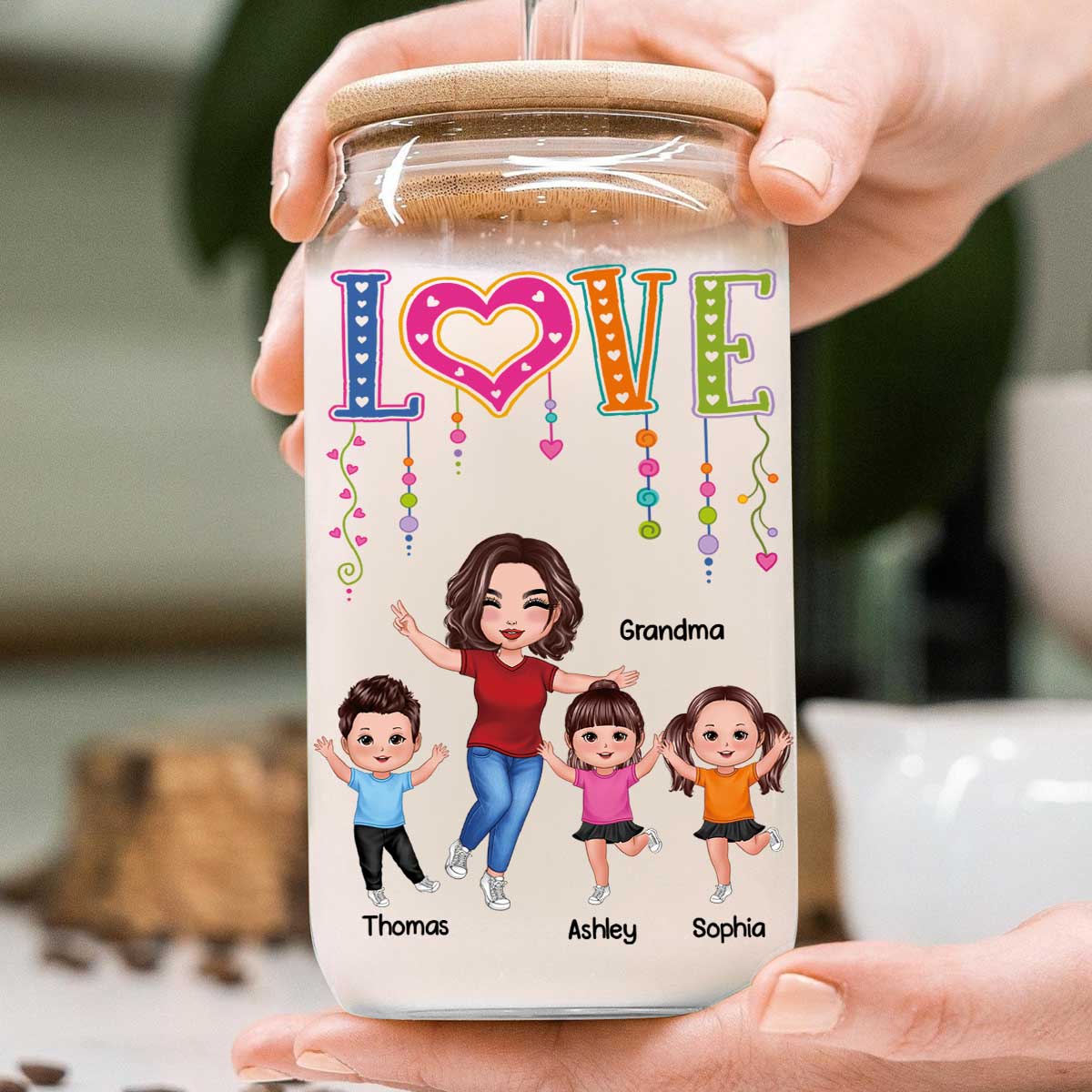 LOVE Happy Doll Grandma With Kids Personalized Clear Glass Can - Image 6