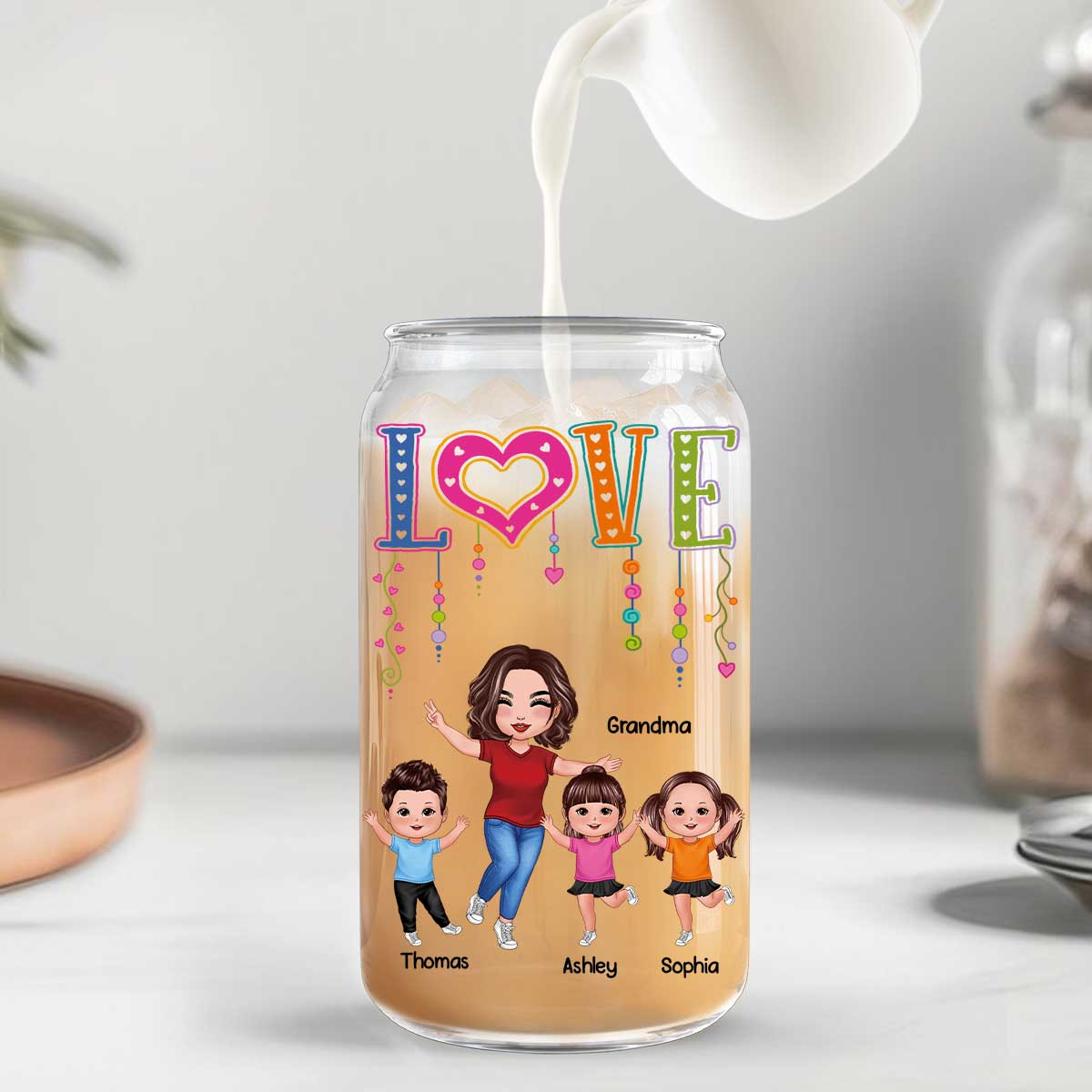 LOVE Happy Doll Grandma With Kids Personalized Clear Glass Can - Image 7
