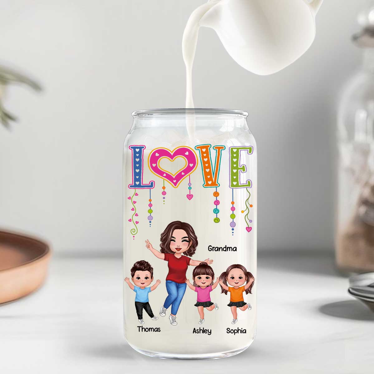 LOVE Happy Doll Grandma With Kids Personalized Clear Glass Can - Image 8
