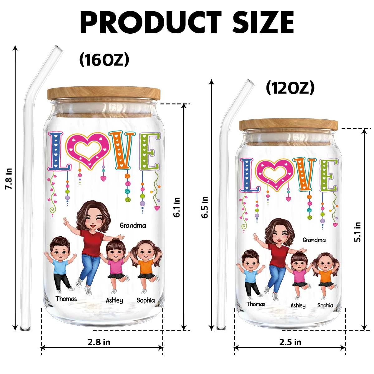 LOVE Happy Doll Grandma With Kids Personalized Clear Glass Can - Image 9