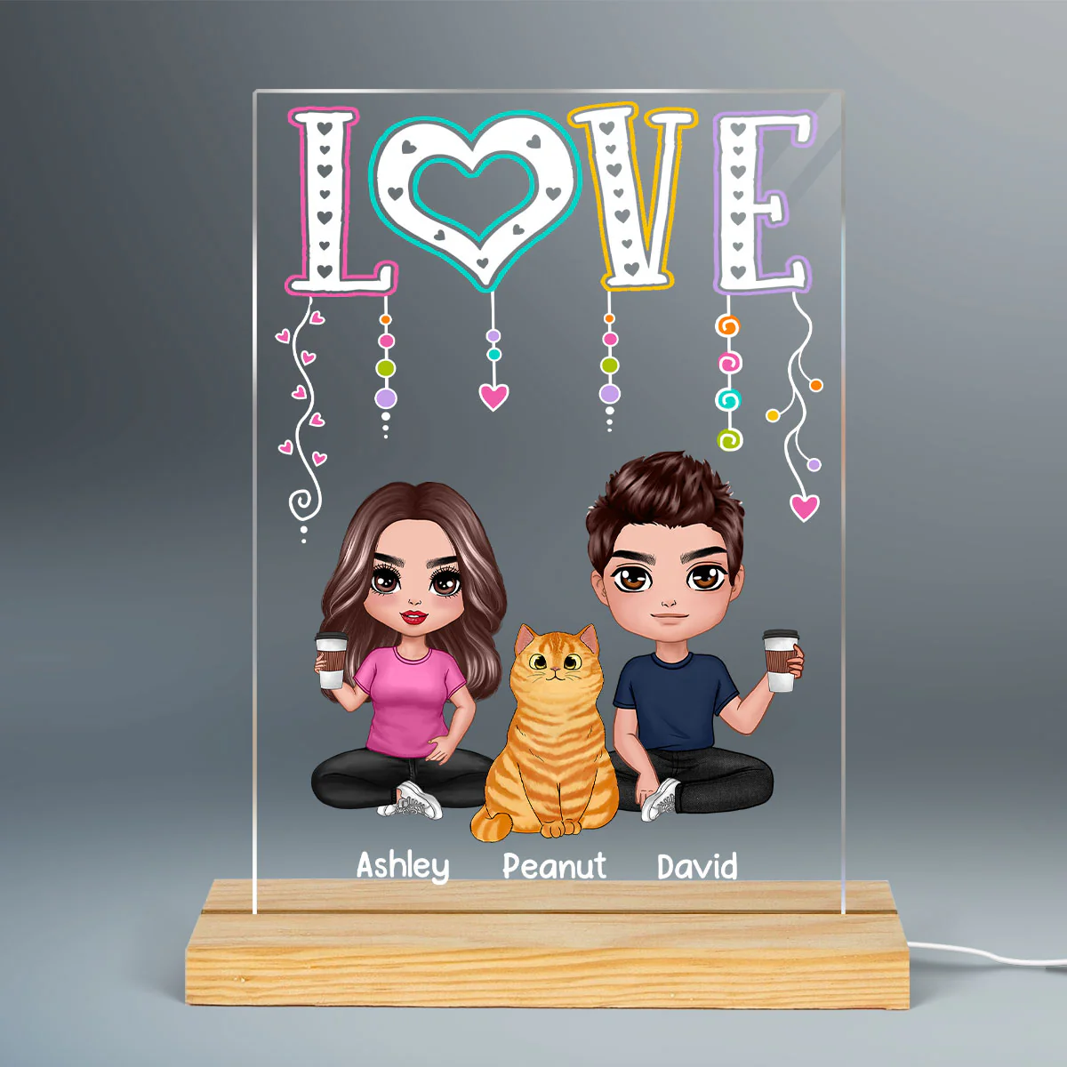 LOVE Happy Doll Man Woman Couple With Cats You Me And The Cats Personalized Rectangle Acrylic Plaque LED Night Light - Image 2
