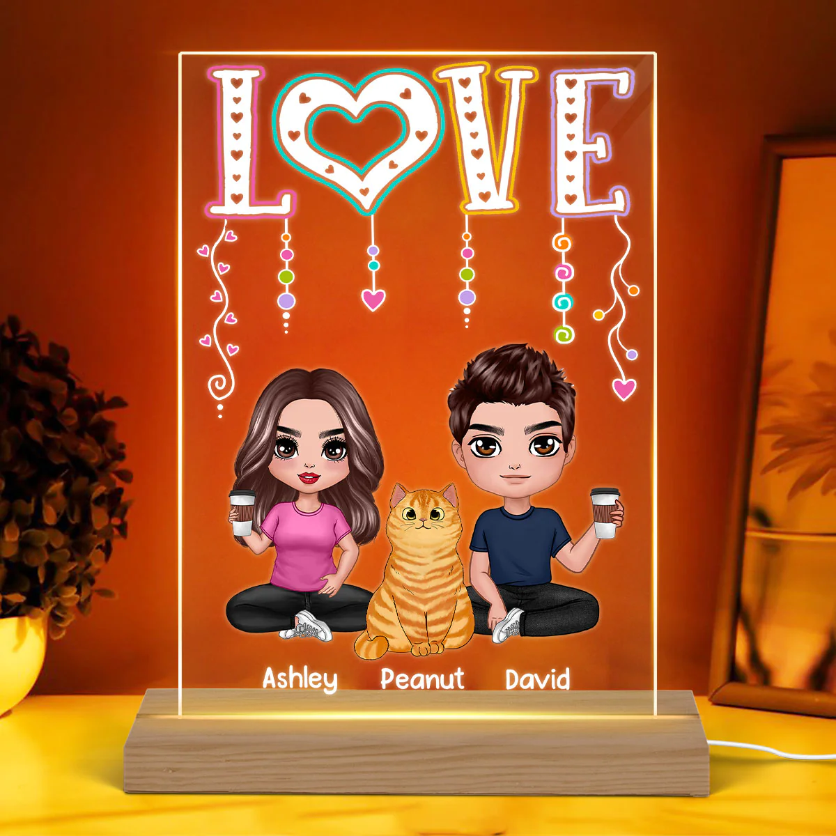 LOVE Happy Doll Man Woman Couple With Cats You Me And The Cats Personalized Rectangle Acrylic Plaque LED Night Light - Image 3