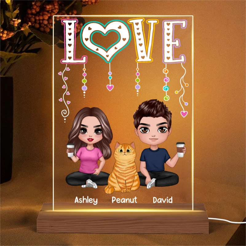 LOVE Happy Doll Man Woman Couple With Cats You Me And The Cats Personalized Rectangle Acrylic Plaque LED Night Light - Image 4