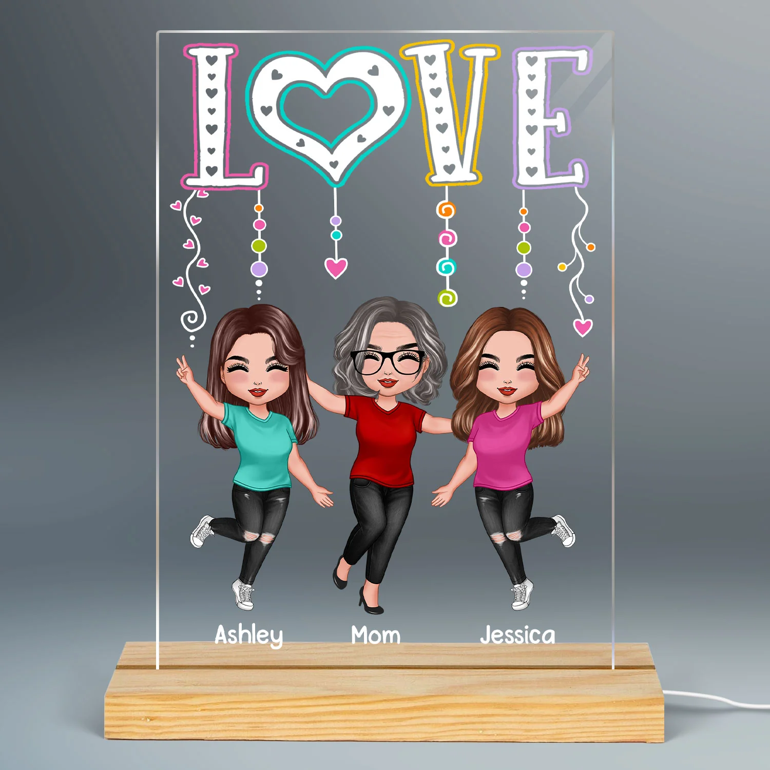 LOVE Happy Doll Mom Daughters Personalized Rectangle Acrylic Plaque LED Night Light - Image 2