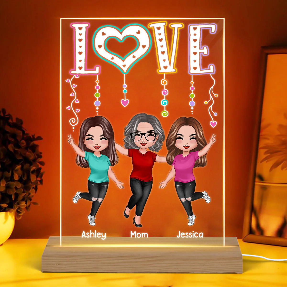 LOVE Happy Doll Mom Daughters Personalized Rectangle Acrylic Plaque LED Night Light - Image 3
